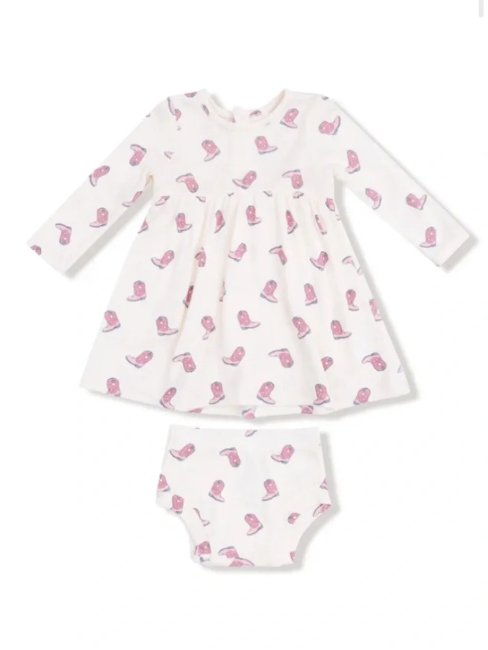 Angel Dear White Long-Sleeve Dress Pajama Set with Pink Boot Print